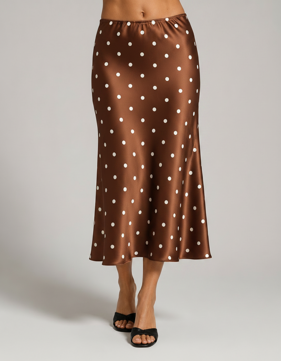 Seren Polka-Dot Satin-Look Fishtail Midi Skirt