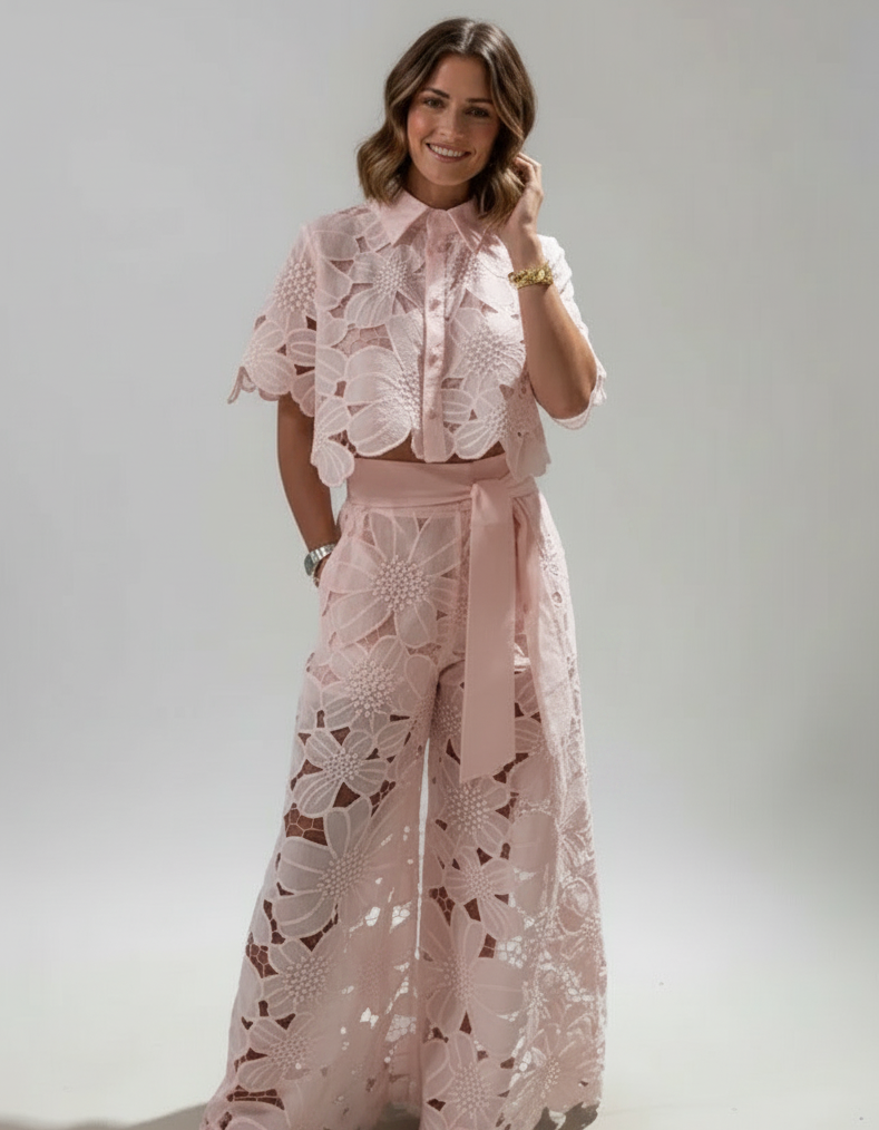 Solene Lace Top & Wide-Leg Trouser Set