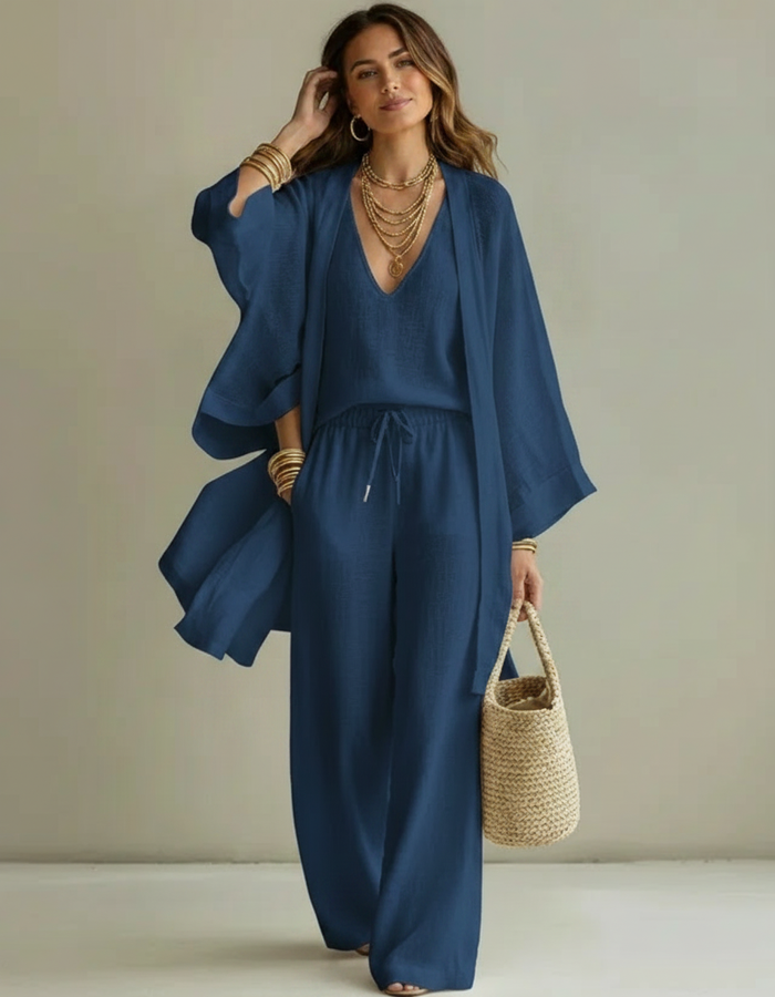 Colette Three-Piece Cardigan, Top & Trouser Set