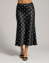 Seren Polka-Dot Satin-Look Fishtail Midi Skirt
