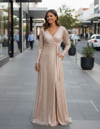 Willa Sequin Long-Sleeve Evening Maxi Dress