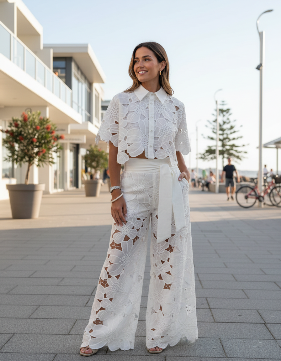 Solene Lace Top & Wide-Leg Trouser Set