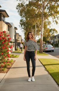 Selene Striped Off-Shoulder Crop T-Shirt