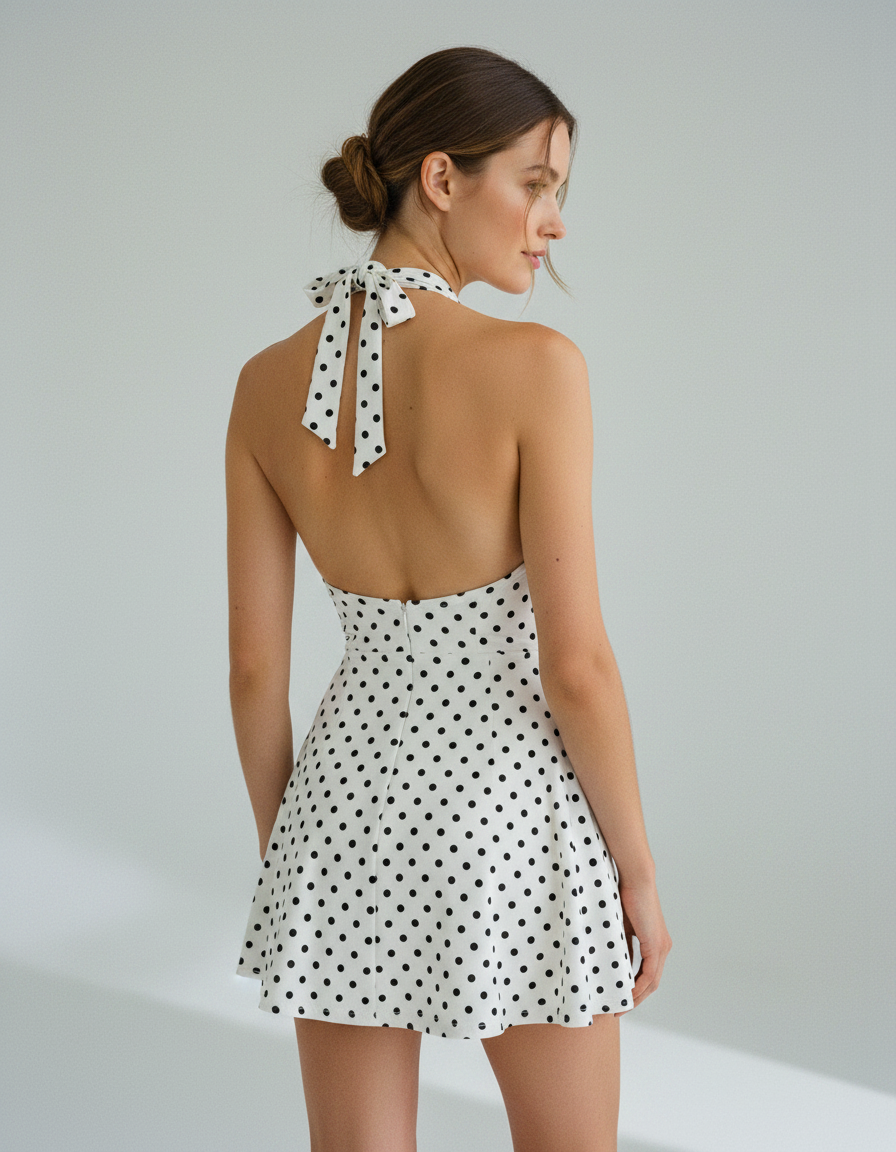Amandine Polka-Dot Deep-V Halter Mini Dress
