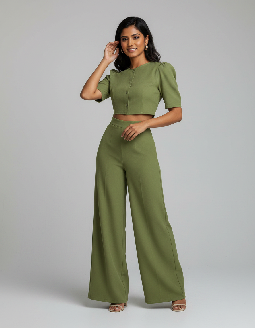 Adeline Puff-Sleeve Top & Wide-Leg Trouser Set