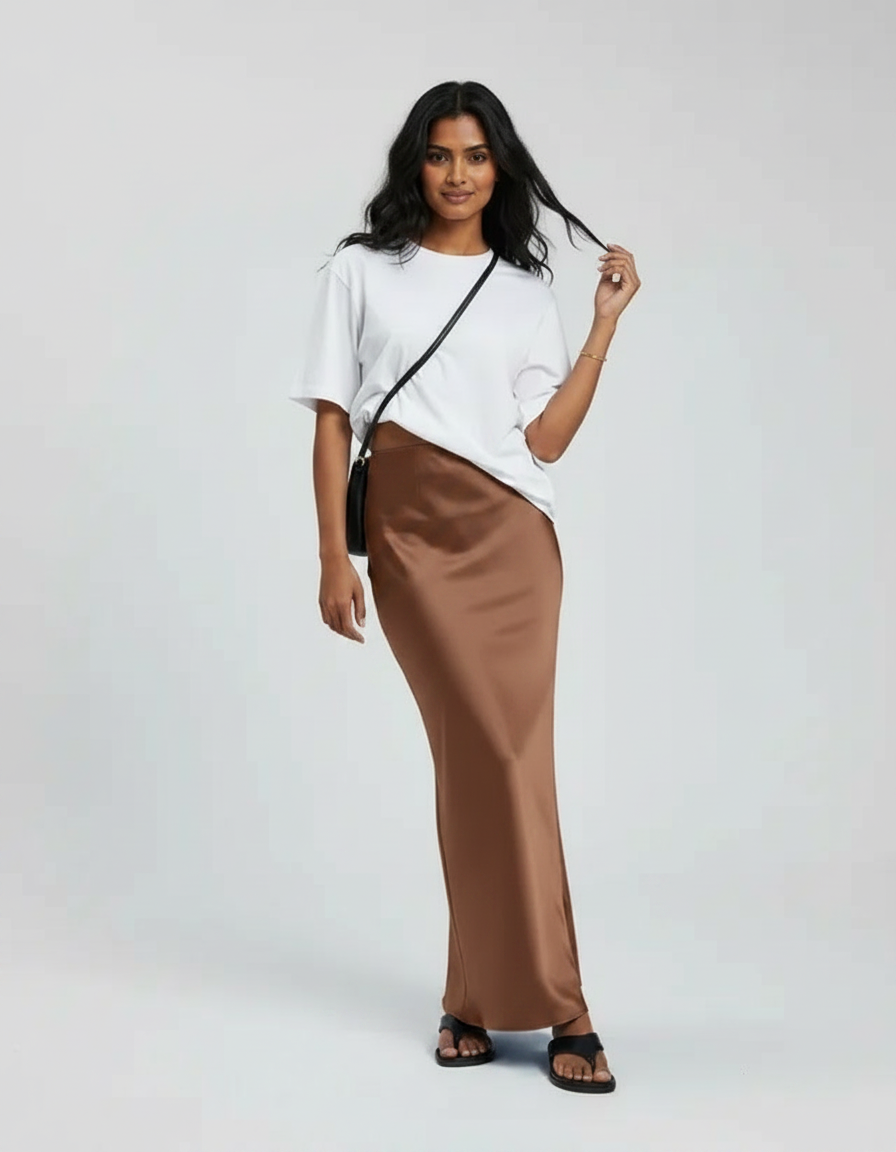Bronte Satin-Look High-Waist Midi Skirt