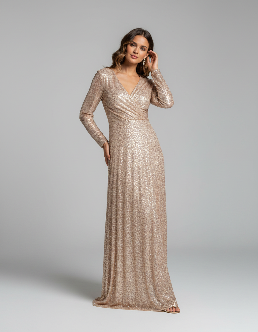 Willa Sequin Long-Sleeve Evening Maxi Dress