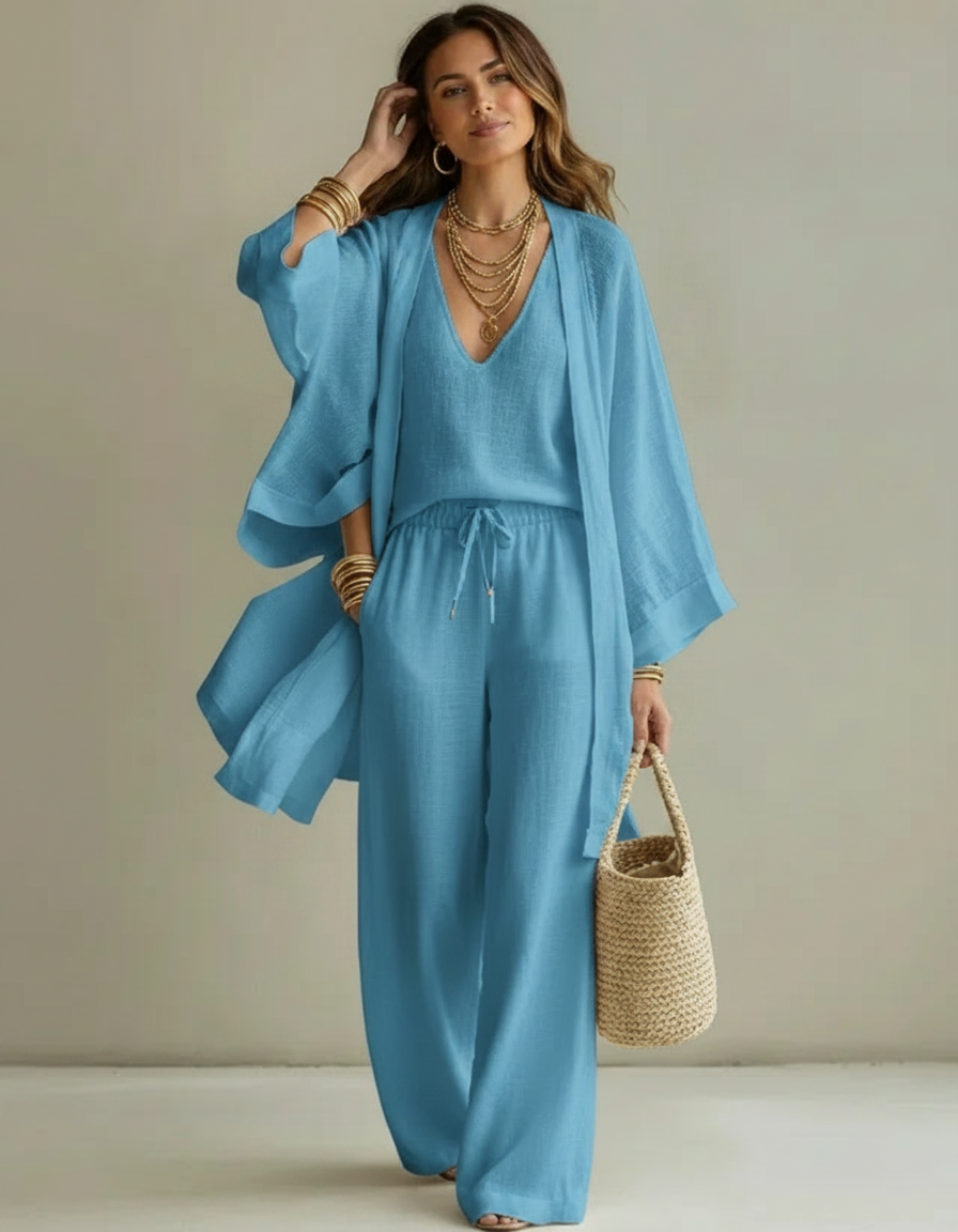Colette Three-Piece Cardigan, Top & Trouser Set