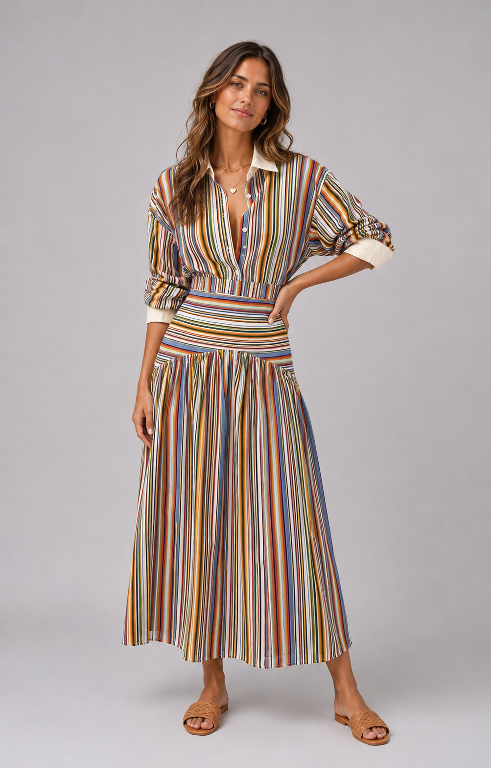 Ondine Striped Shirt & Pleated Maxi Skirt Set