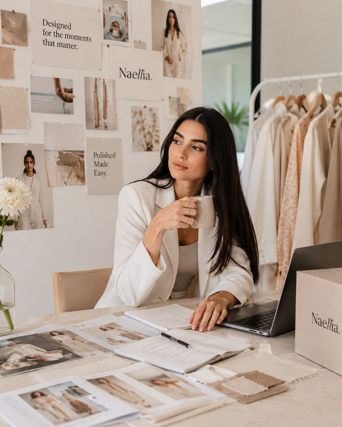 Naellia fashion planning workspace with neutral garments and brand mood boards