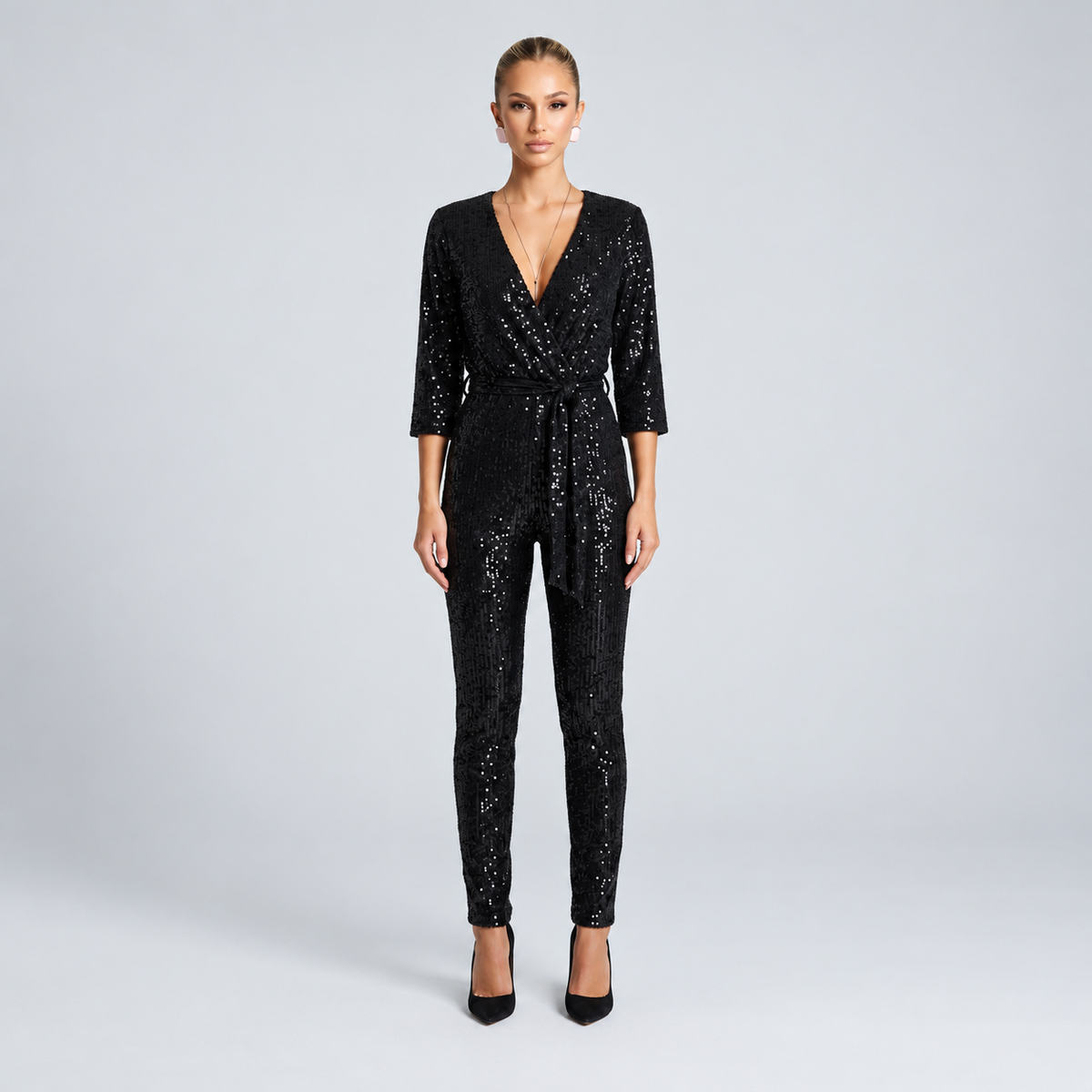 Aubrey Long-Sleeve Sequin Wide-Leg Jumpsuit
