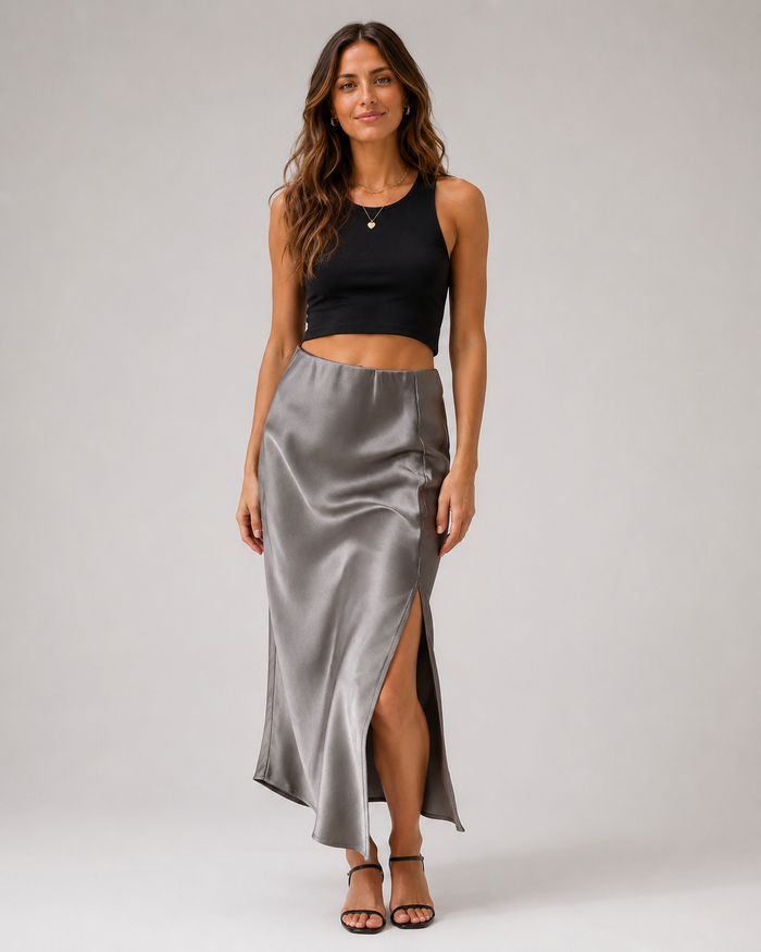 Yseult Satin-Look Slit A-Line Midi Skirt