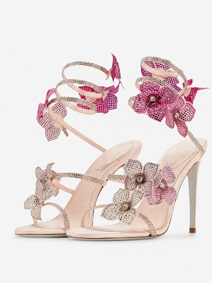 Pelagia Crystal Flower Ankle-Strap Stiletto Sandals