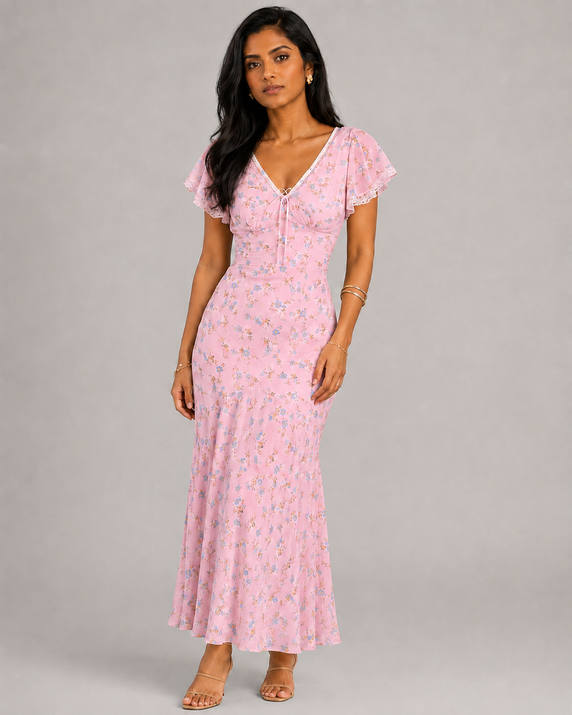 Tamsin Printed V-Neck Fishtail Maxi Dress