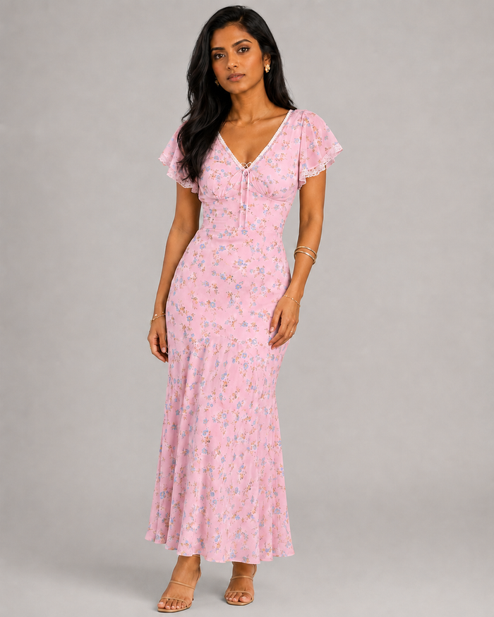 Tamsin Printed V-Neck Fishtail Maxi Dress