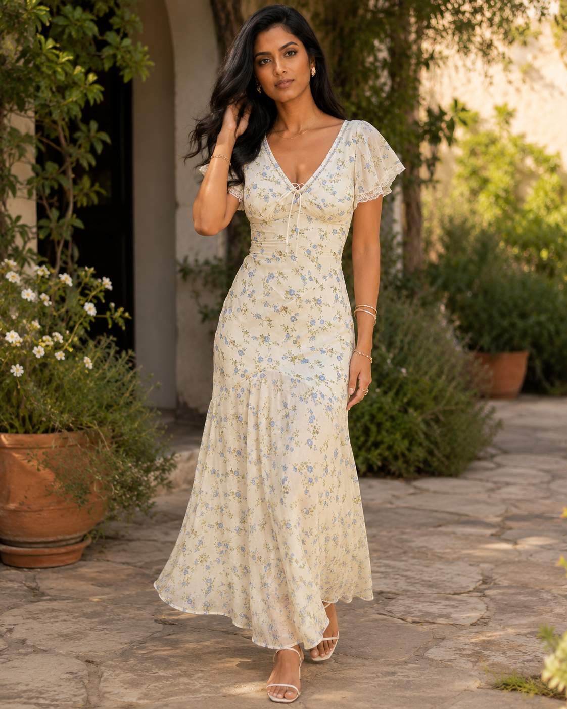 Tamsin Printed V-Neck Fishtail Maxi Dress