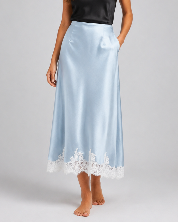 Natalia Satin-Look Lace-Patchwork Midi Skirt