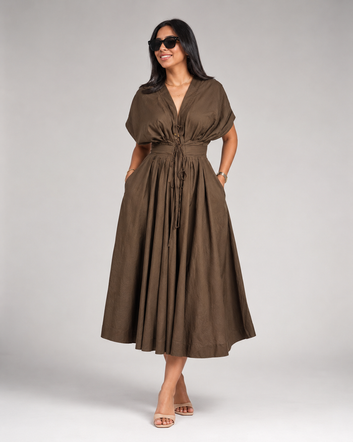 Faye Button-Front V-Neck Maxi Dress