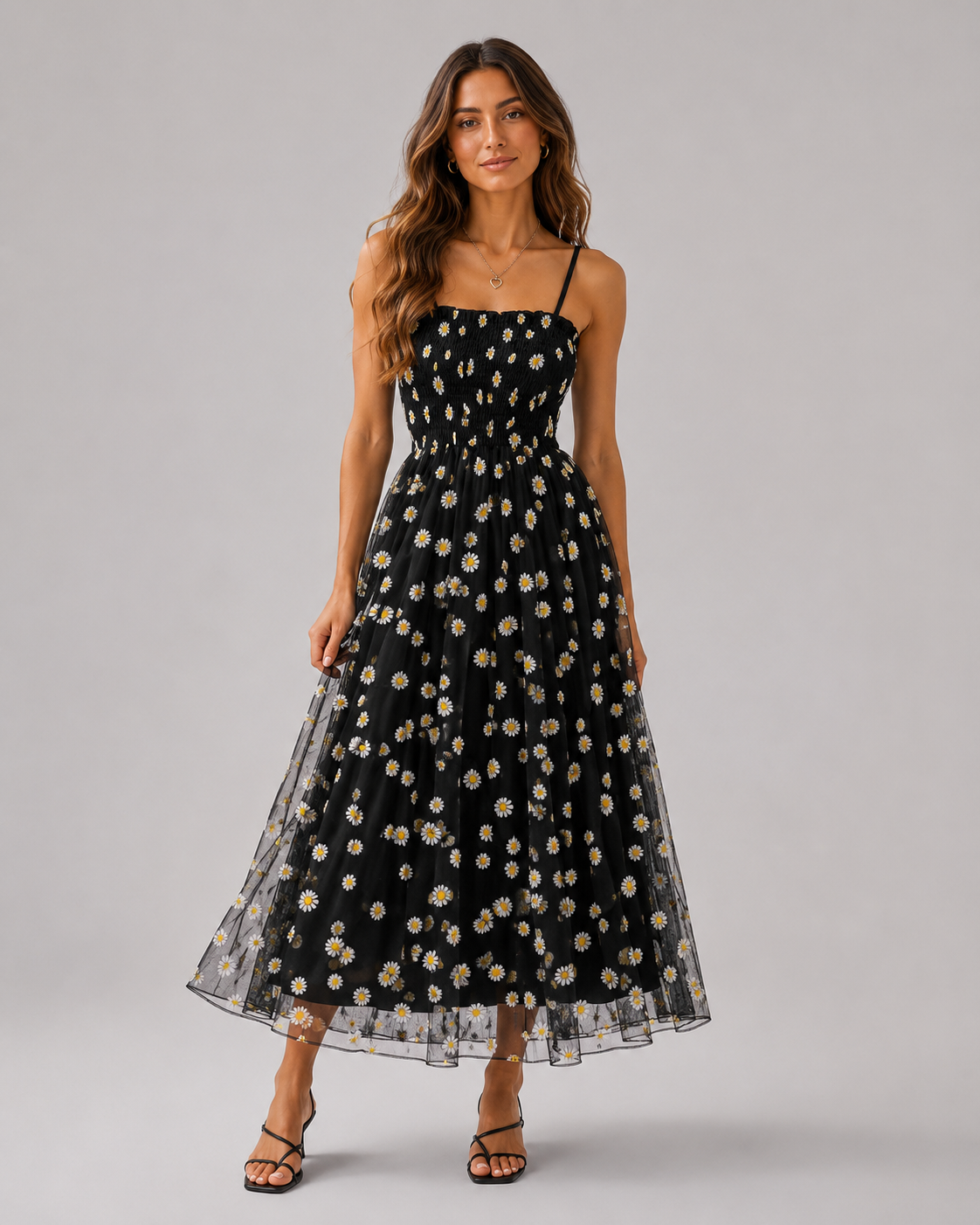 Clarisse Daisy-Print Mesh Midi Dress