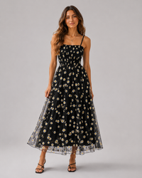 Clarisse Daisy-Print Mesh Midi Dress