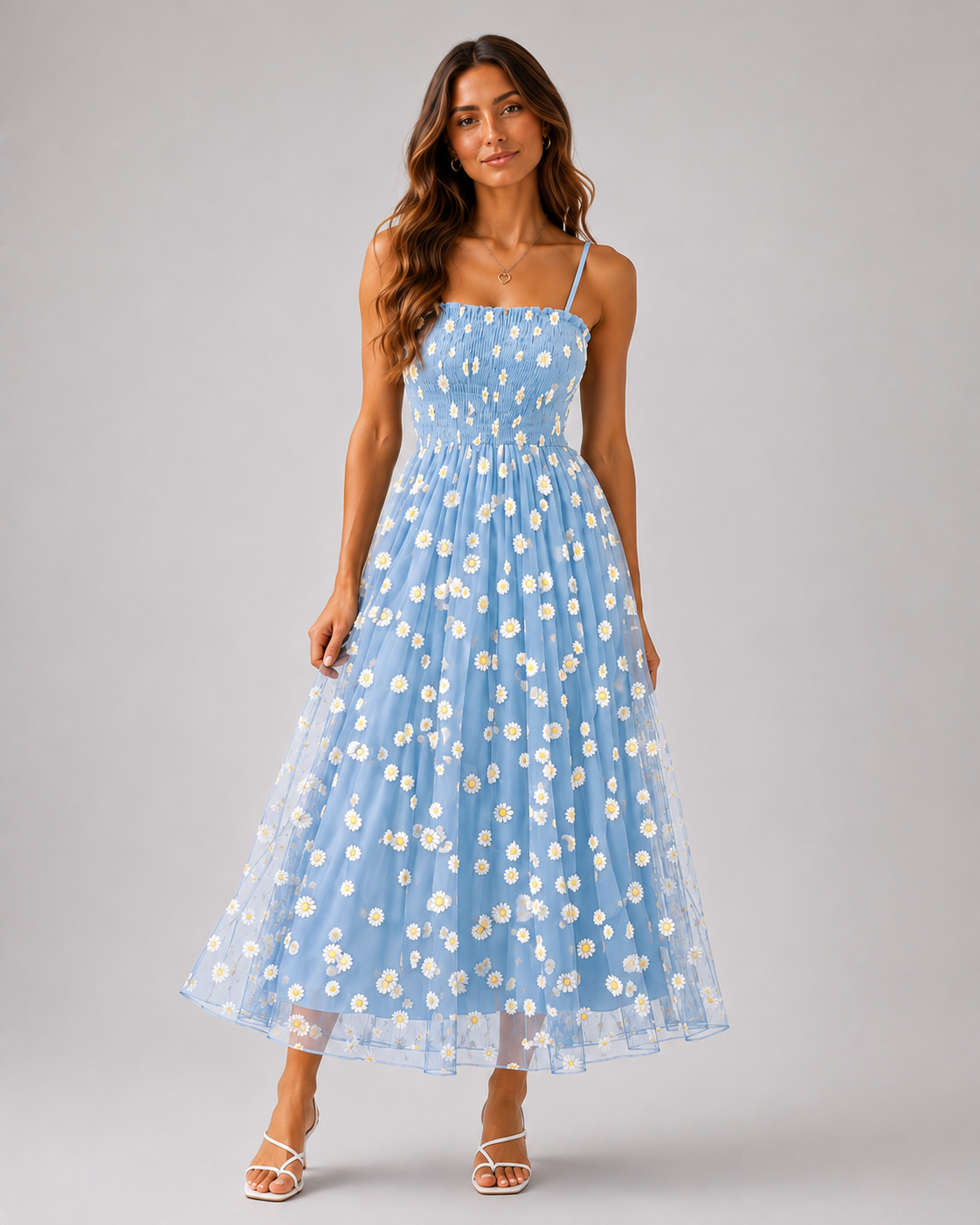 Clarisse Daisy-Print Mesh Midi Dress