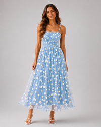 Clarisse Daisy-Print Mesh Midi Dress