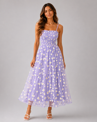 Clarisse Daisy-Print Mesh Midi Dress