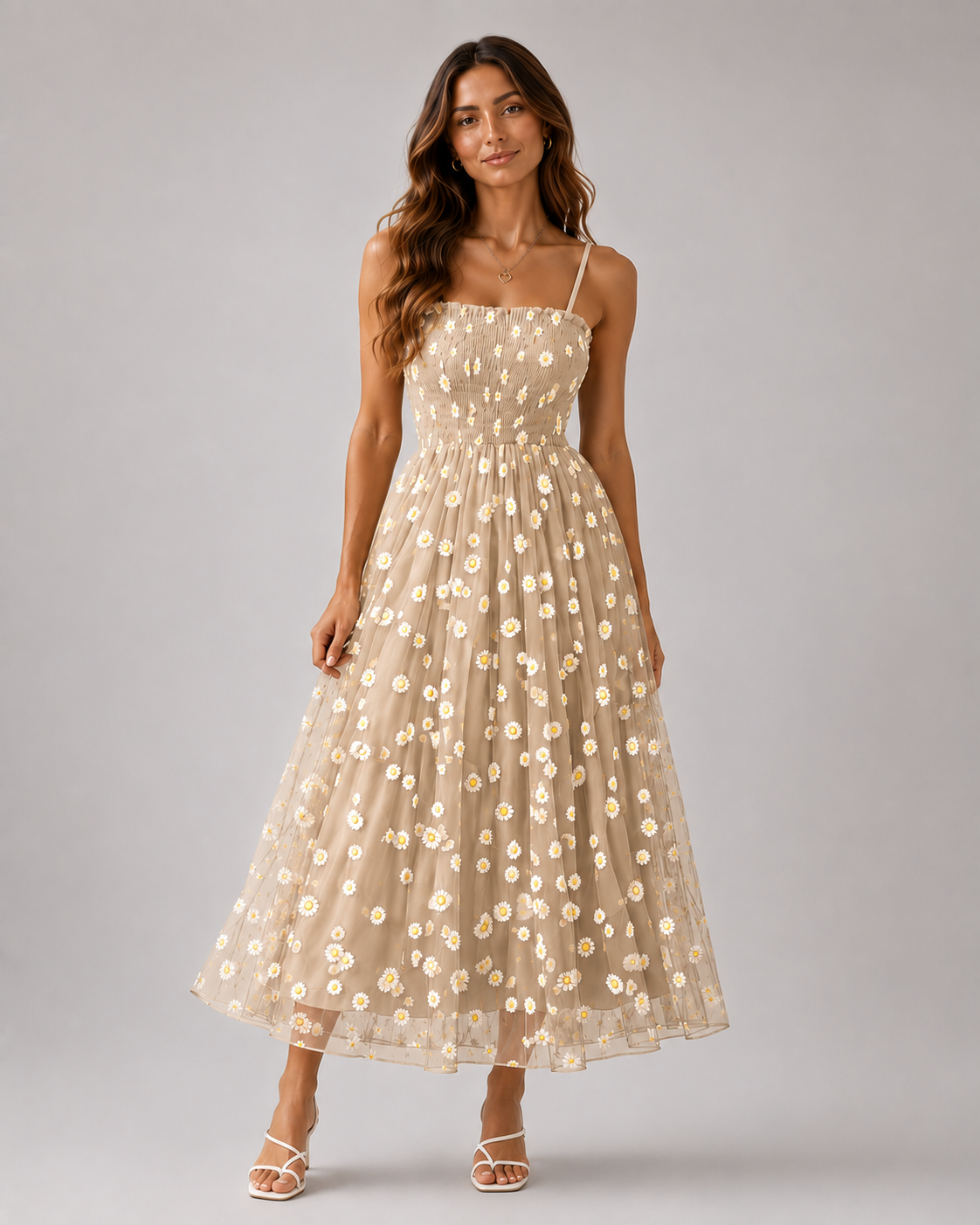Clarisse Daisy-Print Mesh Midi Dress