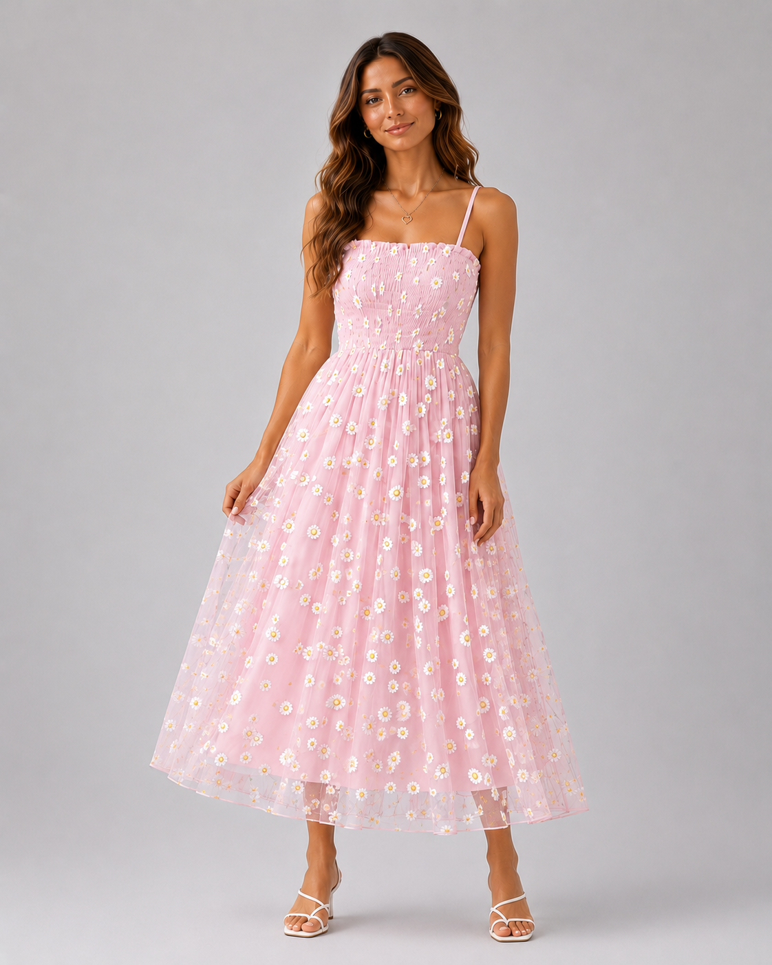 Clarisse Daisy-Print Mesh Midi Dress