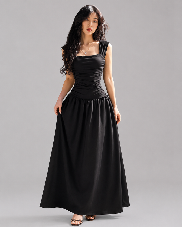 Cosette Ruched Wide-Strap Bodycon Maxi Dress