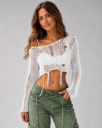 Neriyne Distressed Slash-Neck Knit Crop Sweater