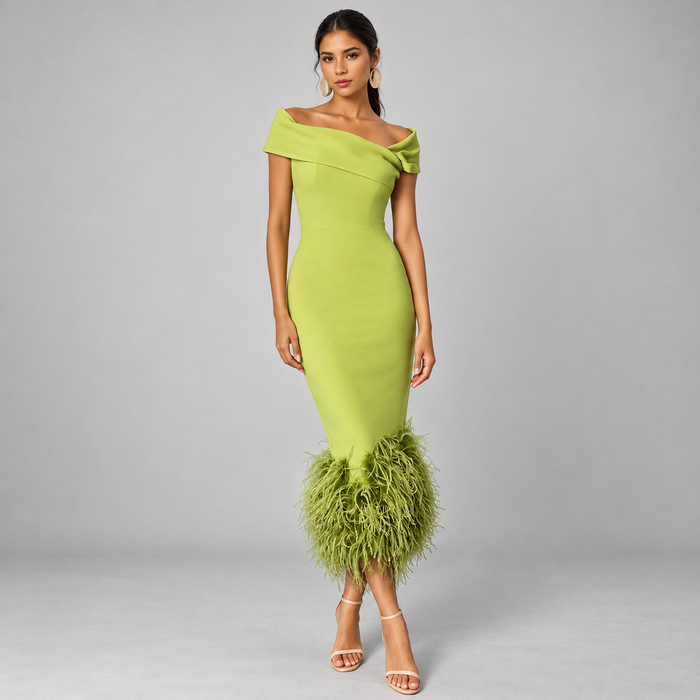 Helena Feather-Trim Off-Shoulder Midi Dress