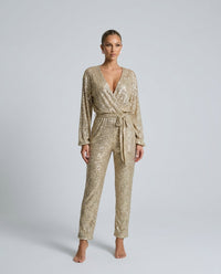 Aubrey Long-Sleeve Sequin Wide-Leg Jumpsuit in Gold – product image 3
