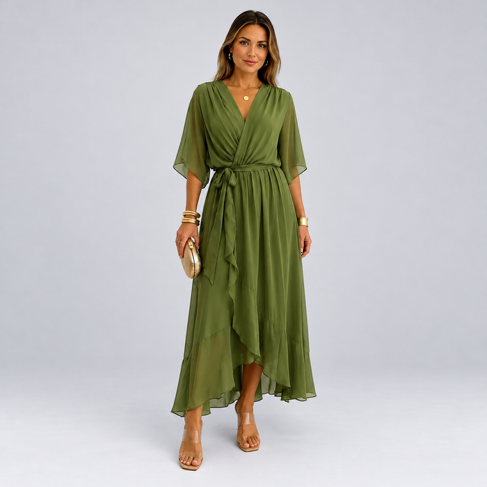 Lucienne Flutter-Sleeve Wrap Maxi Dress