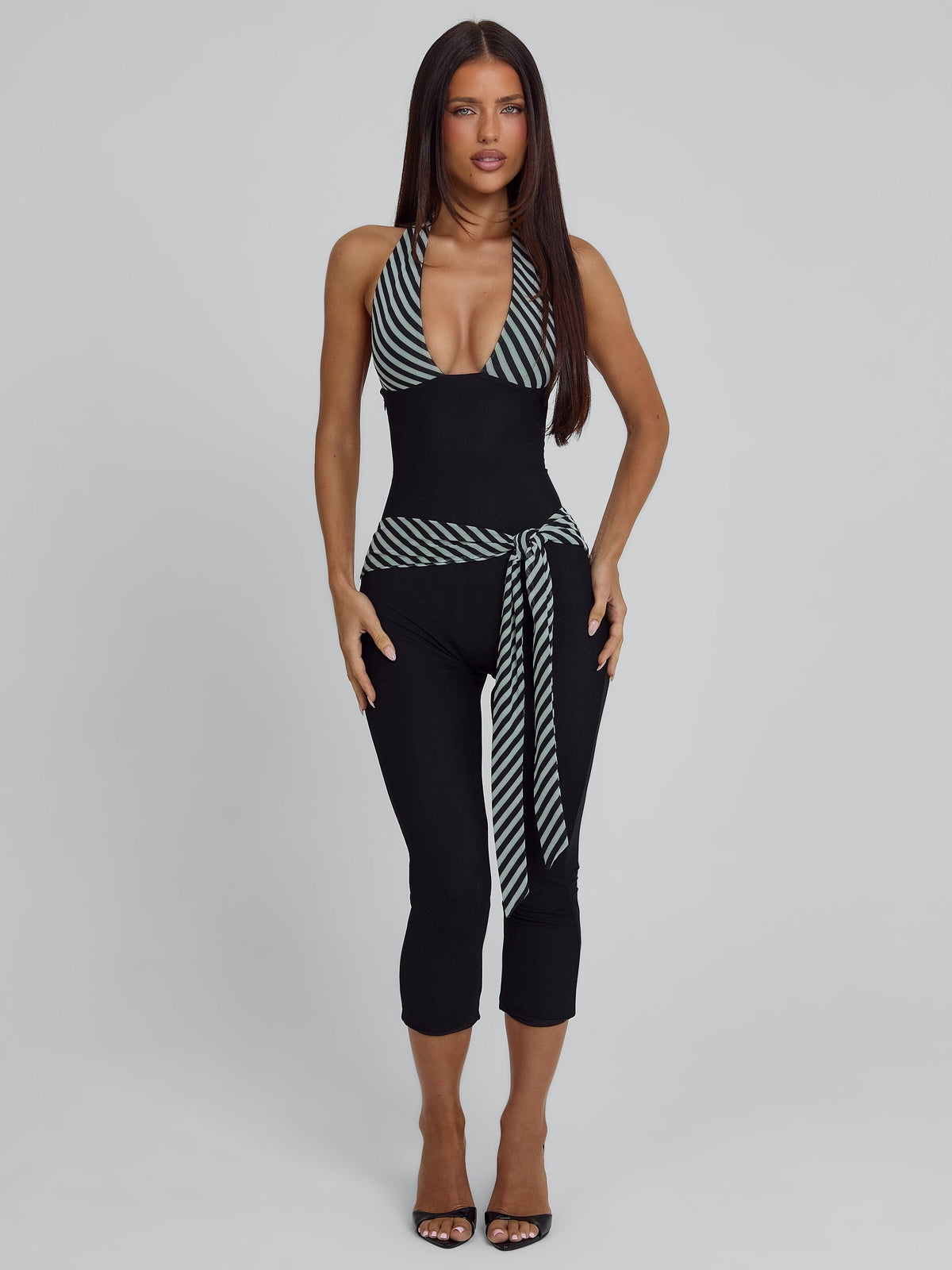 Pavelle Striped Halter Capri Jumpsuit - Black - product image 1
