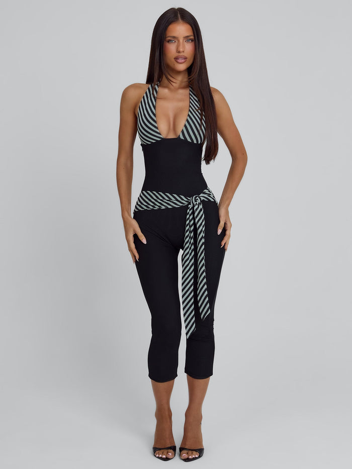 Pavelle Striped Halter Capri Jumpsuit - Black - product image 1