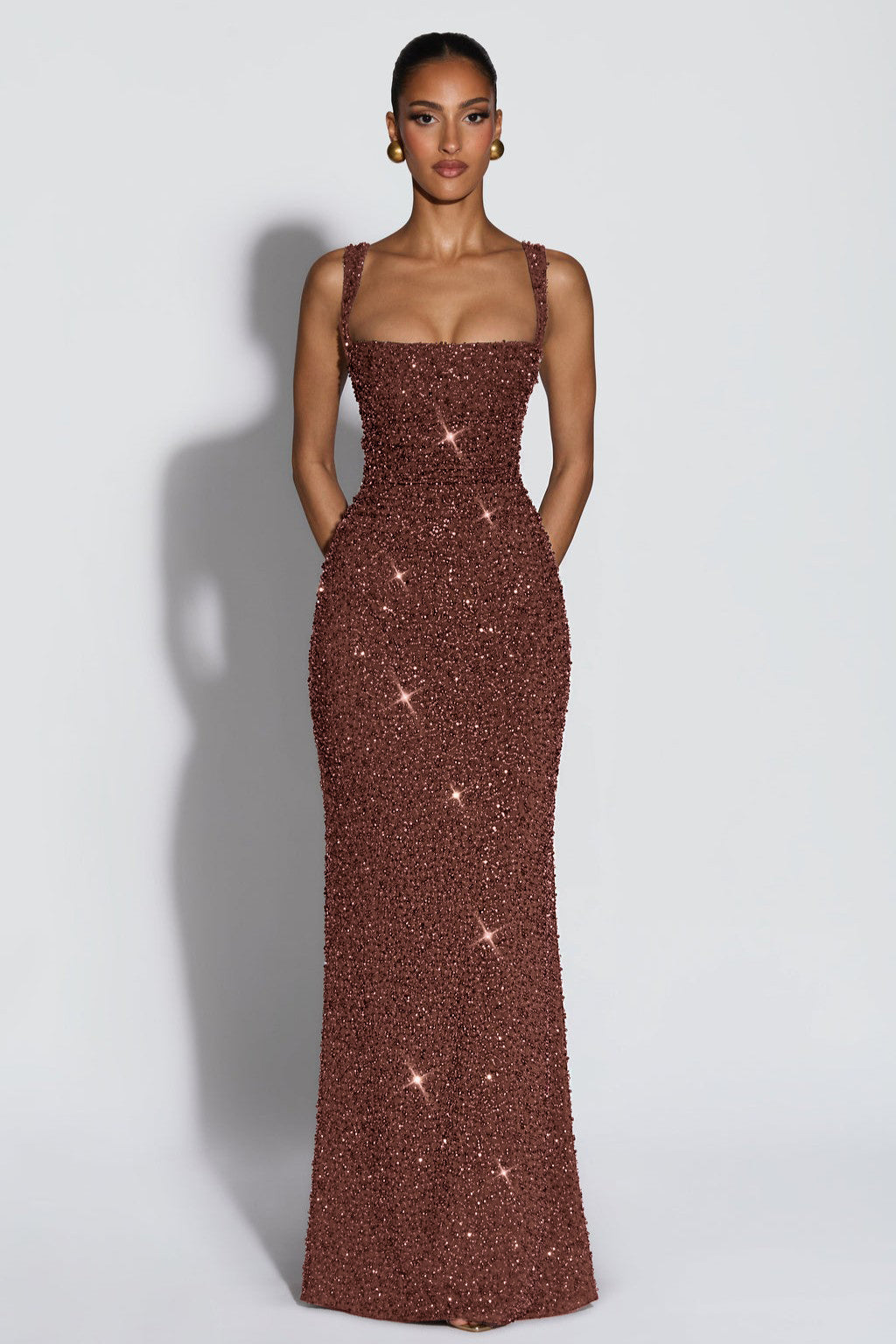 Sabine Sequin Tie-Up Square-Neck Maxi Dress
