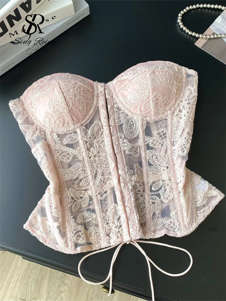 SINGREINY Floral-Embroidered Lace-Up Corset Top - product image 3