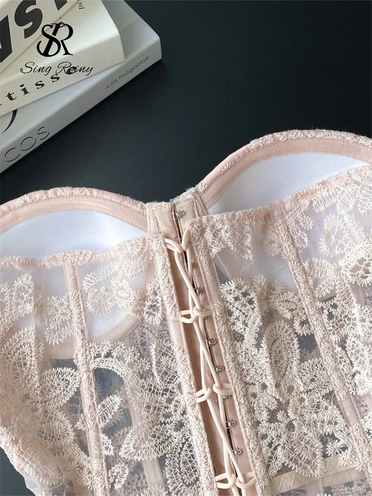 SINGREINY Floral-Embroidered Lace-Up Corset Top - product image 7