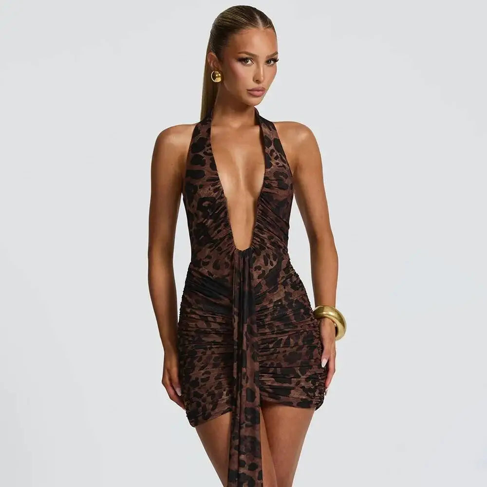 Avrilyaan Leopard-Print Halter Pleated Mini Dress - product image 3