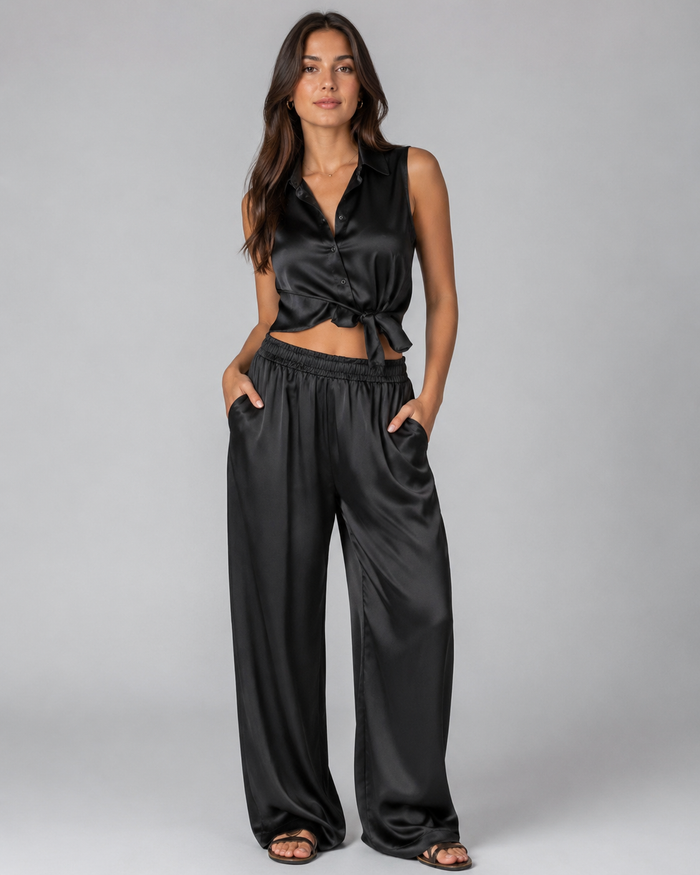 Sereina Satin-Look High-Waist Wide-Leg Trousers