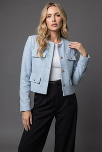 Corinne Gold-Button Cropped Tweed-Look Blazer in Light Blue – product image 1