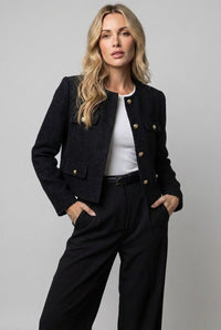 Corinne Gold-Button Cropped Tweed-Look Blazer in Black – product image 4