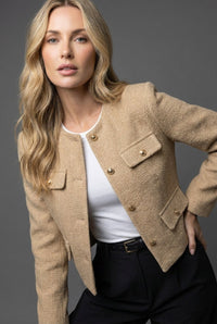 Corinne Gold-Button Cropped Tweed-Look Blazer in Khaki – product image 6