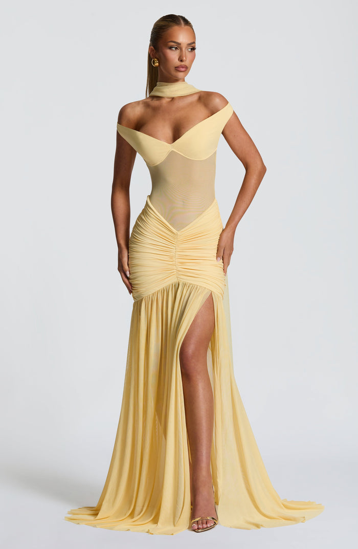 Alaia Bardot Ruched Mesh Maxi Dress - Lemon - product image 1