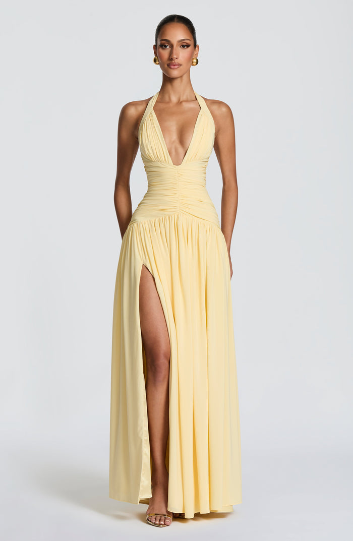 Amaris Halter Ruched Chiffon Maxi Dress - Lemon - product image 1