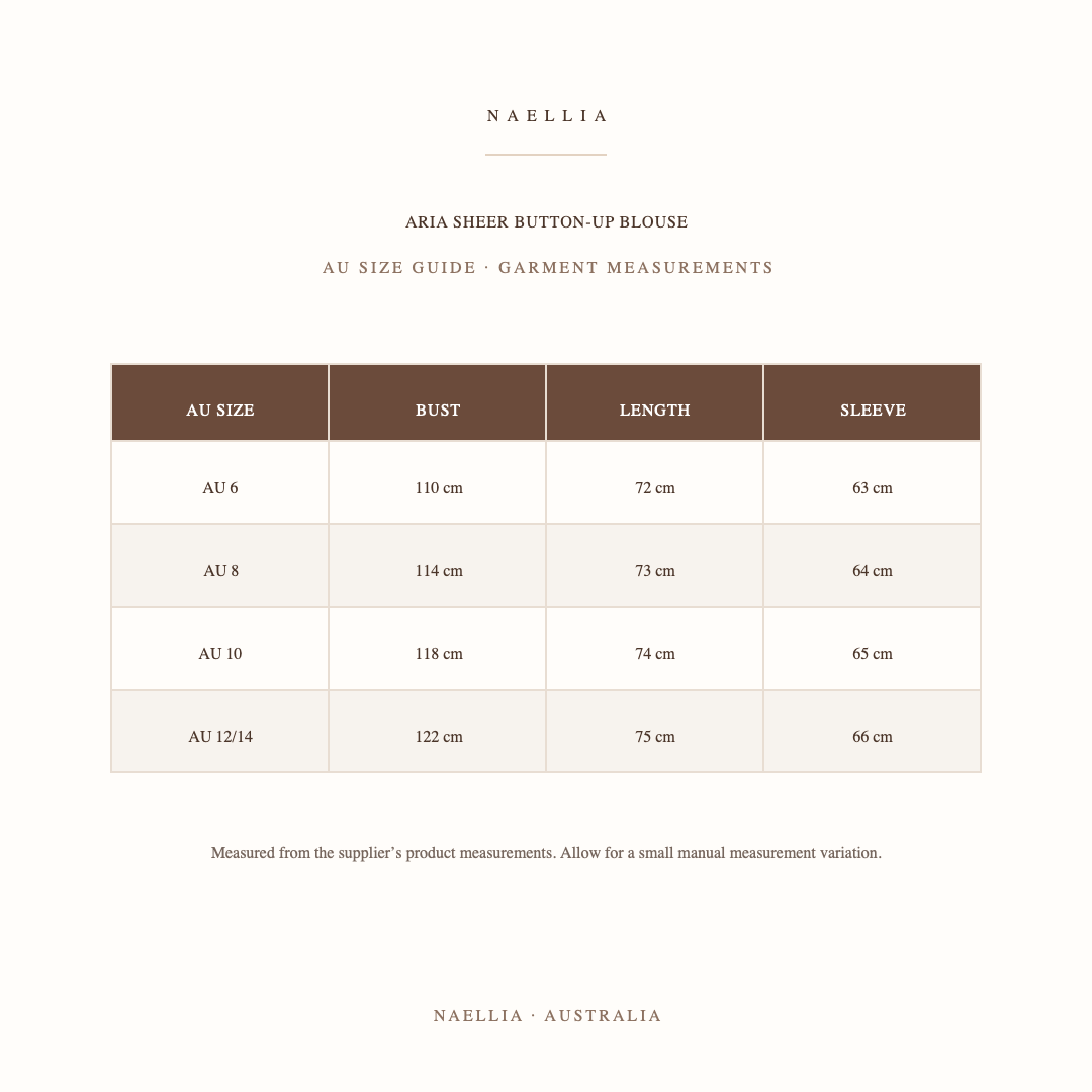 Aria Sheer Button-Up Blouse — AU size chart