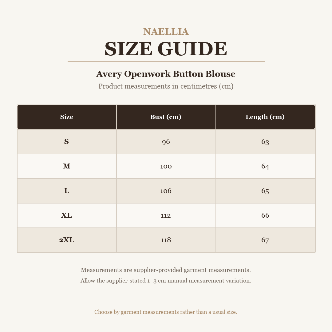 Avery Openwork Button Blouse — AU size chart