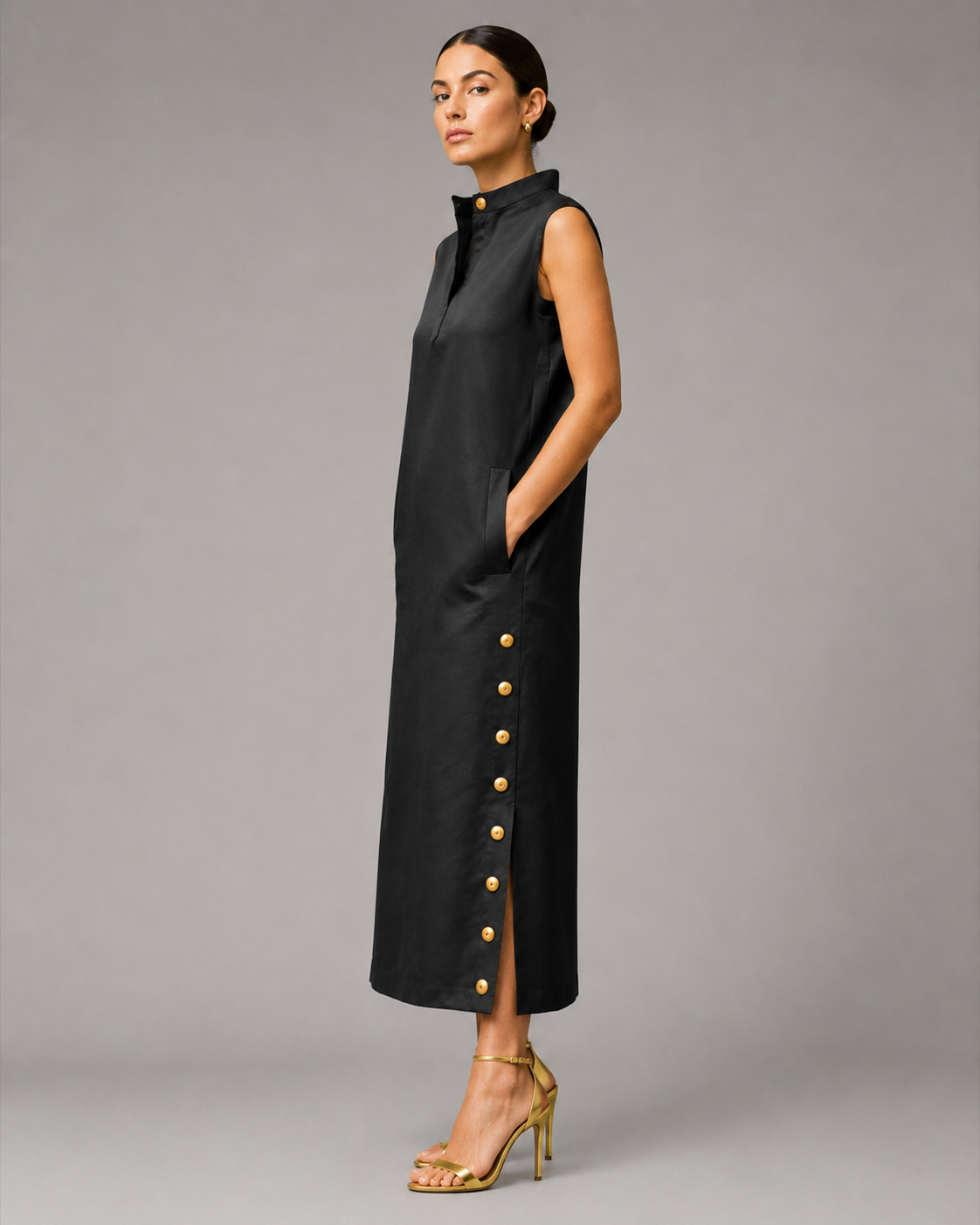 Adelaide Stand-Collar Split-Side Shirt Dress