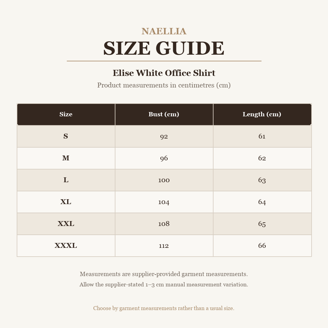Elise White Office Shirt — AU size chart